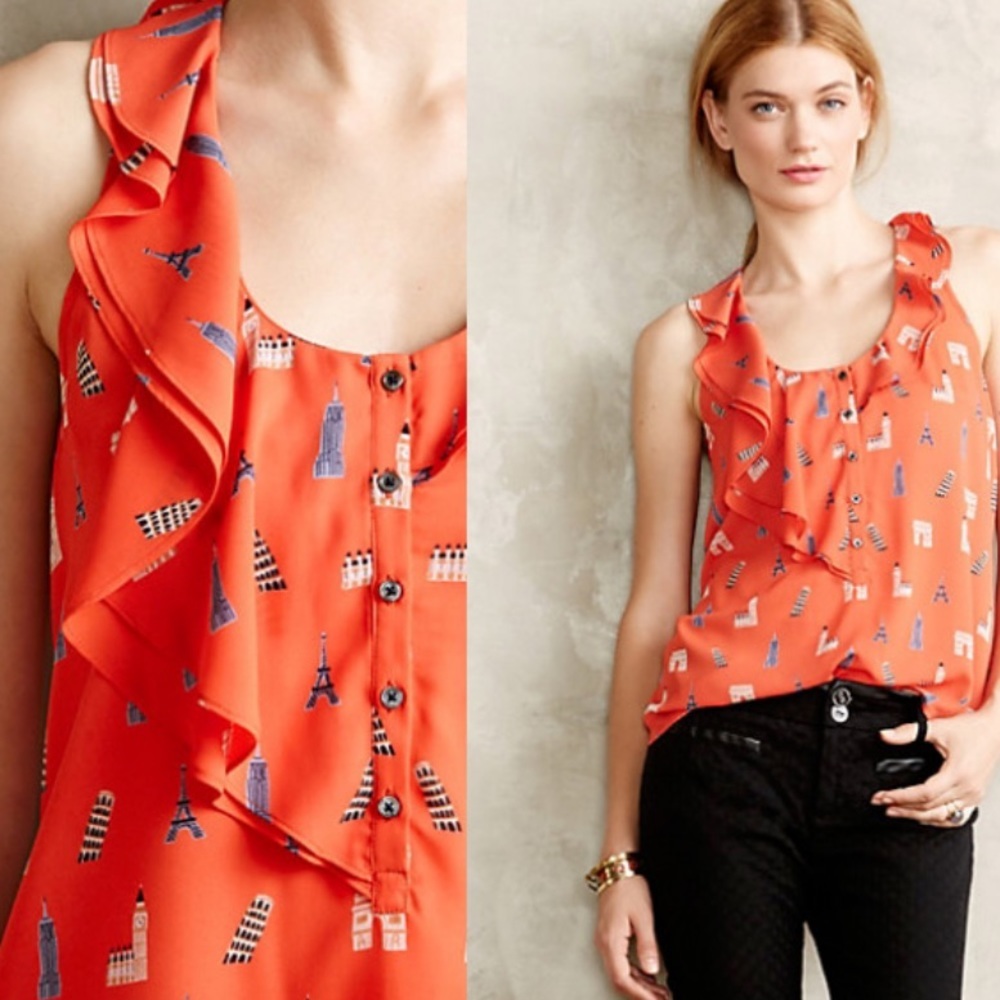 MAEVE Anthropologie Ruffle Printed Sleeveless Top